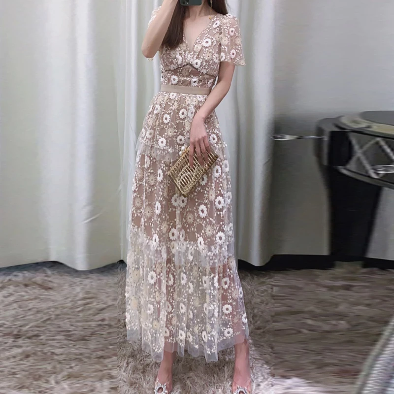 

Женское Сетчатое длинное платье бежевого цвета с цветочной вышивкой, летние вечерние женские платья с каскадными оборками и блестками, оде...