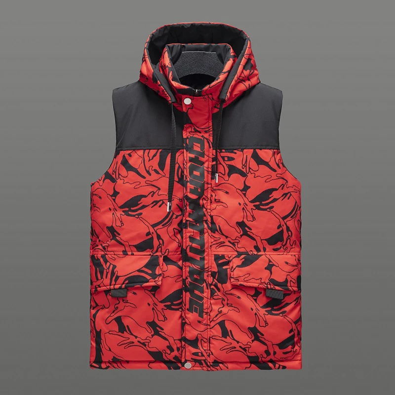 Camouflage Patchwork Hooded Puffer Jacket for Mens Winter Fashion Trends Sleeveless Streetwear Teenage Loose Fit Warm Thick Vest