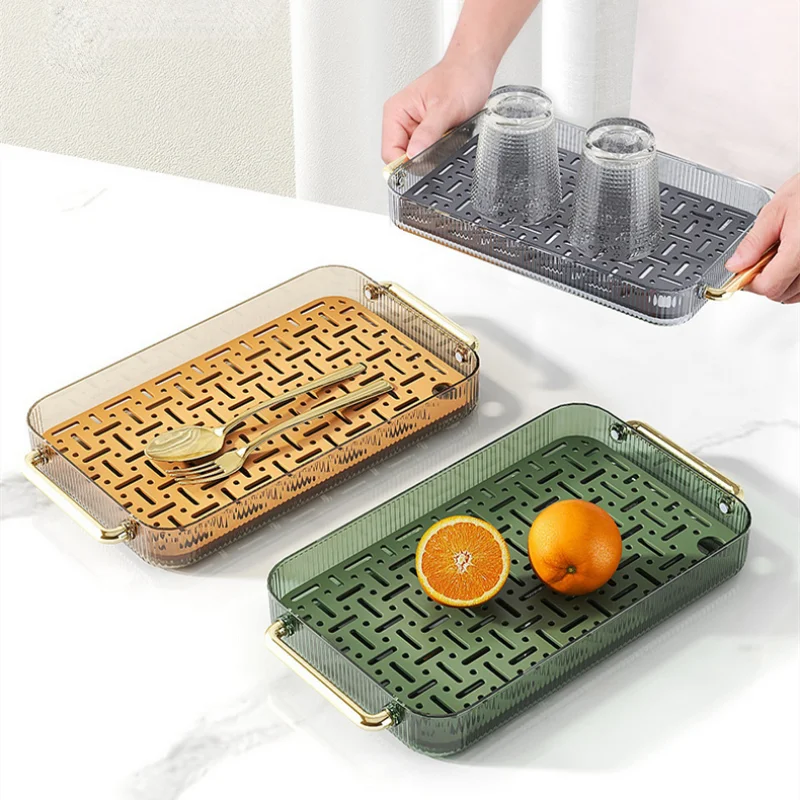 

Plastic Drain Tray Creative Transparent Tea Tray Rectangle Water Pot Cup Storage Trays Decorative Snack Loaf Plate Home Ornament