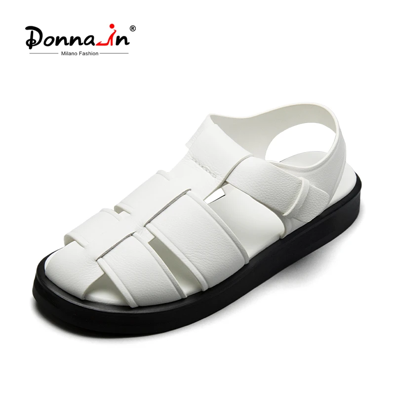 

Donna-in 2022 New Summer White Soft Calfskin Real Leather Gladiator Sandals For Women Med Wedge Heels Platform Designer Shoes