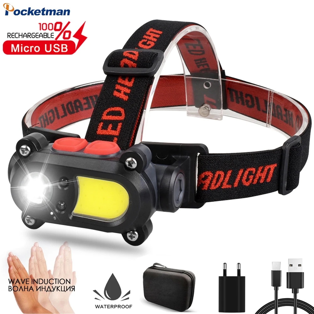 2022 new USB rechargeable headlamp dual light source head lamp outdoor emergency light multi-function induction COB Headlight