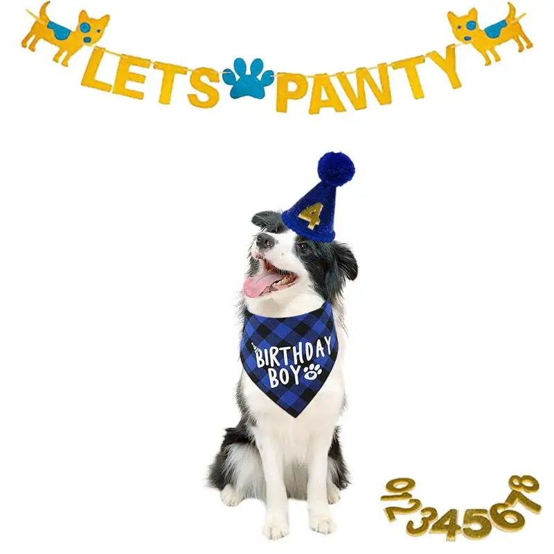 

Собака, день рождения, аксессуары для домашних животных, украшения на день рождения с шапкой, цифрами, шарфом, баннер, многоразовая собака, вечеринка, бандана, товары для вечеривечерние для мальчика