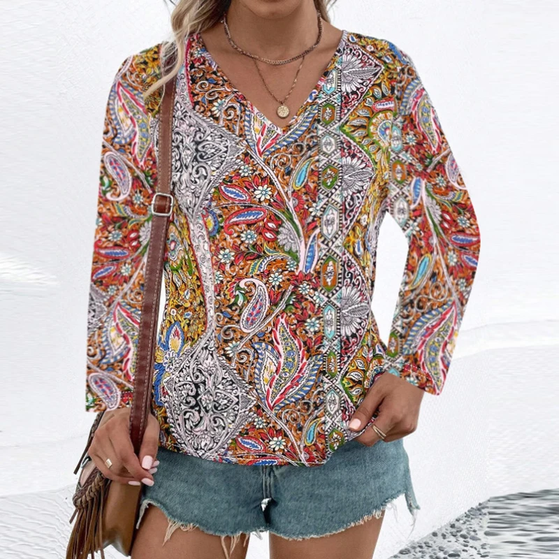 Женская винтажная рубашка с принтом Повседневная Свободная футболка V-образным