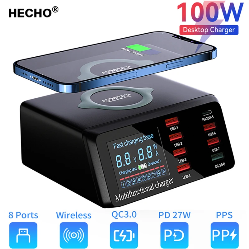 

100W 8 Ports USB Charger Quick Charge 3.0 Adapter HUB Wireless Charger Charging Station PD Fast Charger For iPhone 12 14 Samsung