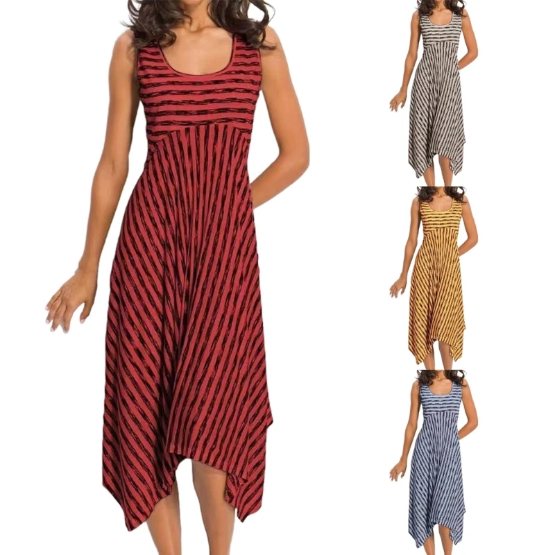 

Women Sleeveless Swing Dress Casual T-Shirt Dress Striped Midi Dress Dress
