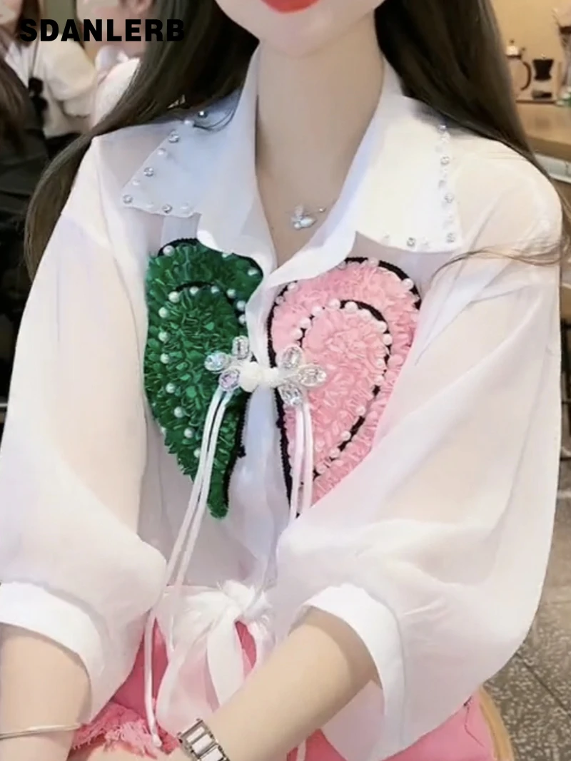 

2022 Summer New French Lapel Chiffon White Shirt Women's Niche Design Half Sleeve Top Loose All-matching Blouse Camisas Mujer