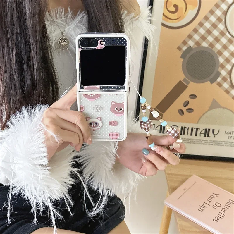 Для Samsung Galaxy Z Flip 6 5 4 3 браслет с мультяшным котом противоударный чехол прямым