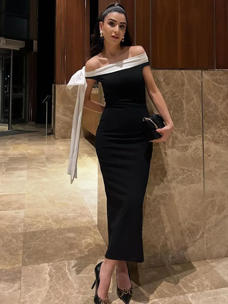 Элегантное длинное платье с открытыми плечами и галстуком-бабочкой для женщин 2022