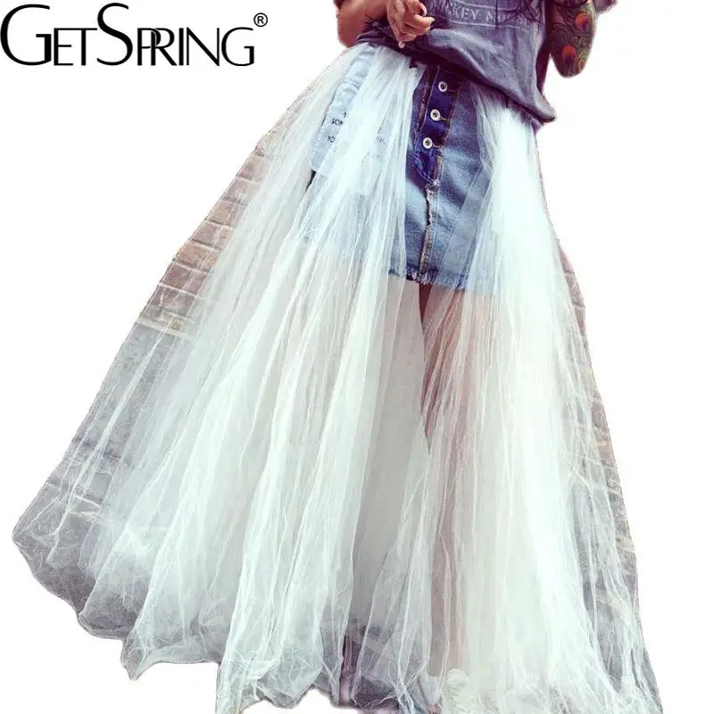 

GETSRING Denim Skirts Gauze Long White Skirts Women 2022 Summer Stitching Mesh Tutu Skirt Two Ways Wearing Tulle Skirt Black SML