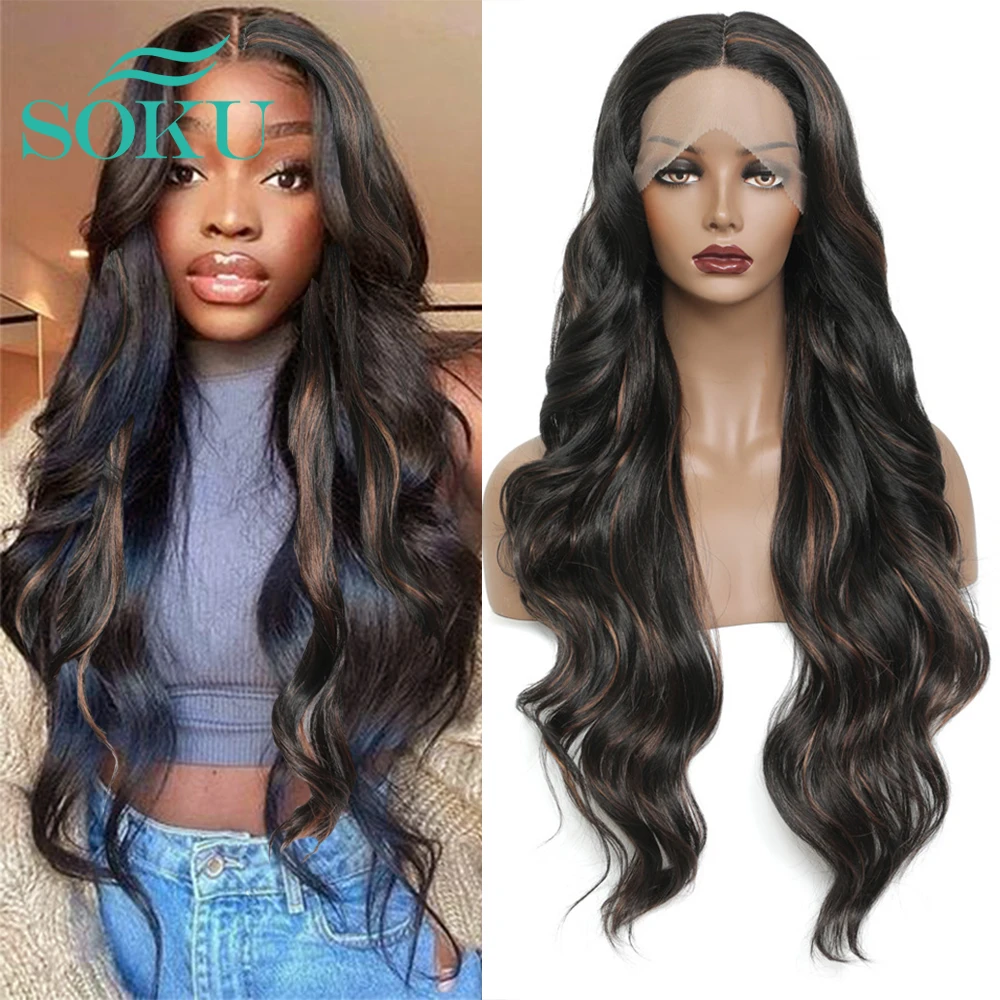 

Highlight Synthetic Lace Front Wigs Long Wavy Middle Part Lace Wigs Heat Resist Fiber Soft 28inch Hair Wig For Black Women