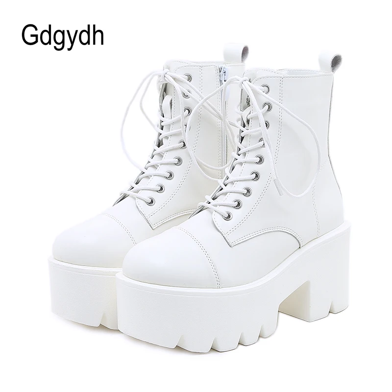 Gdgydh Platform Heeled Boots White Cross-tied Trendy Shoes Women Heels Round Toe Ankle Booties Comfort College Student Shoes