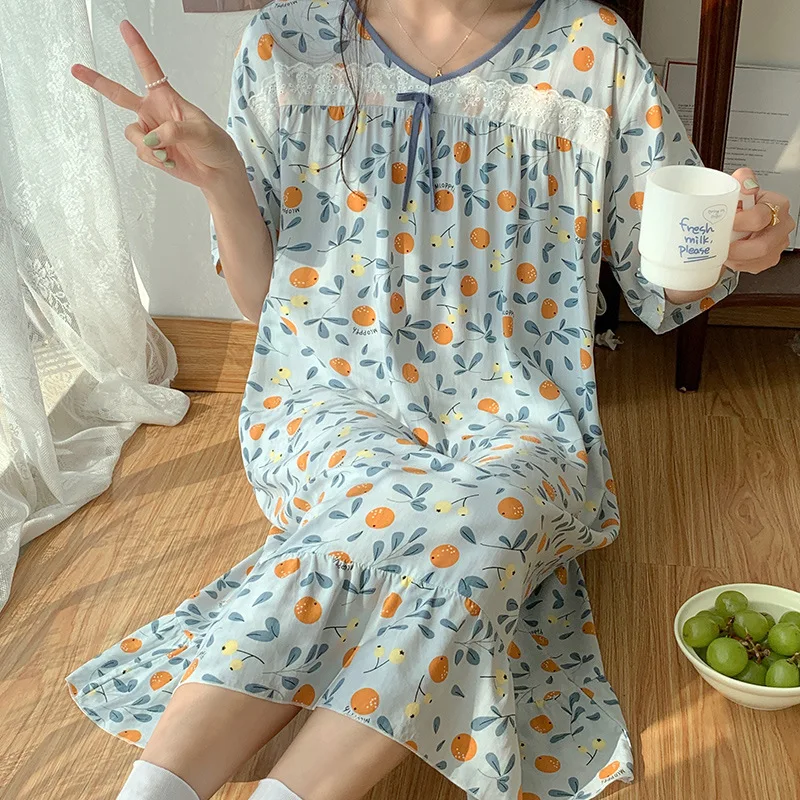 Summer Dress Women Nightwear Maiden Night Gown Sexy Sleepwear Cotton Silk Thin Pajamas