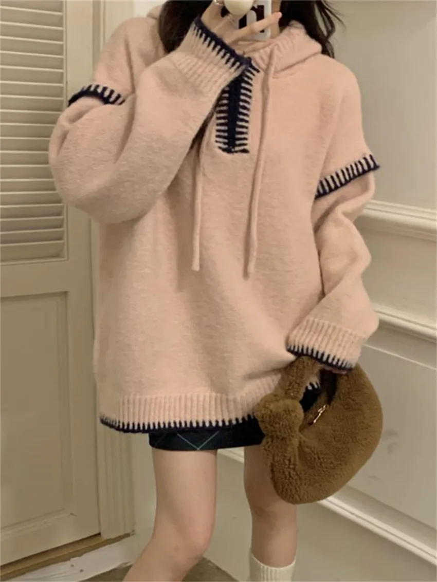 

HziriP 2023 Hooded Sweaters Chic Women Loose New Years Casual Office Lady High Street Vintage Winter Warm Knitted Pullovers