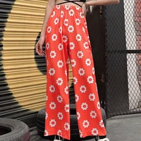women plus size cool girl punk style pants 2021 summer casual floral printed loose high waist ladies bright wide leg trousers