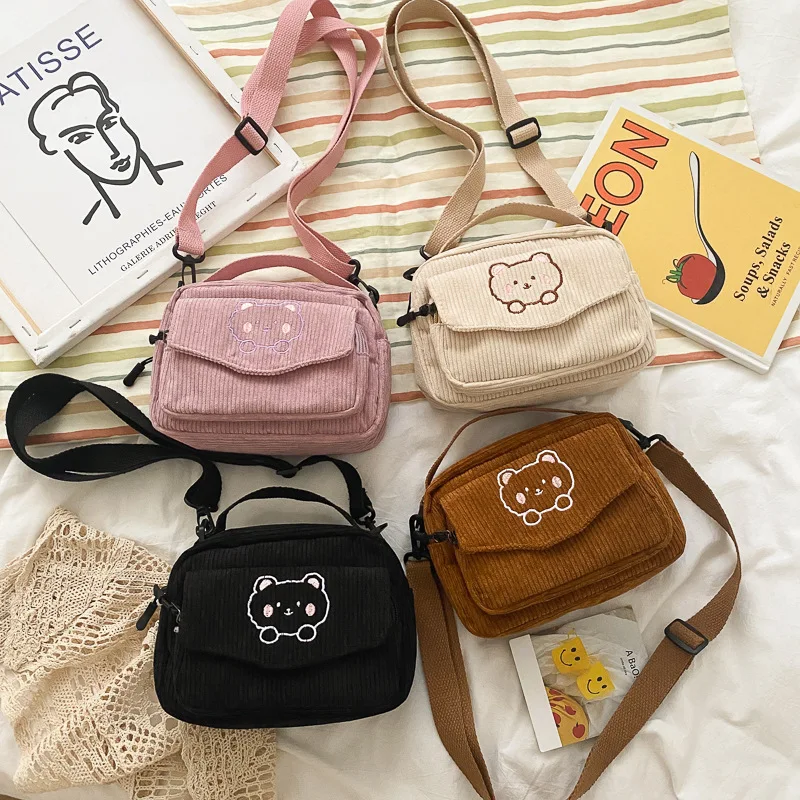 

Ladies Cute Corduroy Small Bag Korean Style Canvas Shoulder Bags Little Bear Embroidery Handbag Crossbody Mobile Phone Package