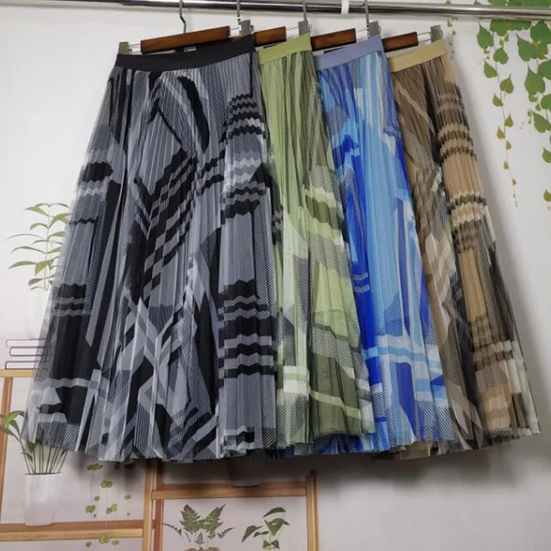 

2022 Summer Woman's Skirts 4 Colors Peplum Striped Lining Mesh Hign Waist Vintage Lady Skirts