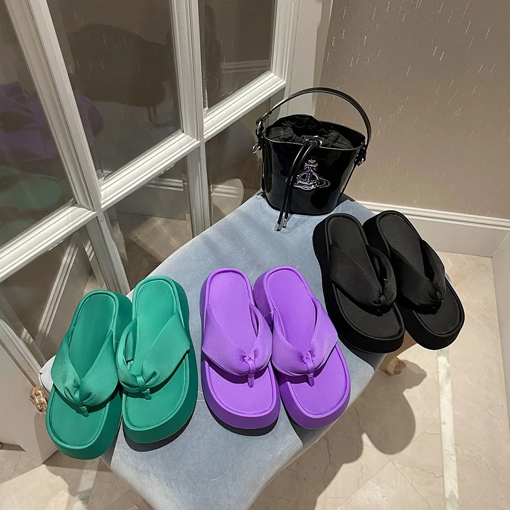 

Clip Toe Women Slides Slippers Summer Outside Mules Shoes Black Green Purple Platform Shoes Mid Heels Flip Flops Size 35-39