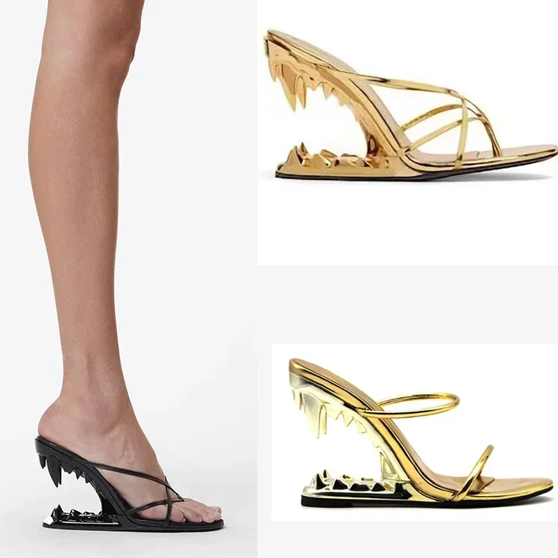 Женские лаконичные босоножки на высоком каблуке в форме тигрового зуба