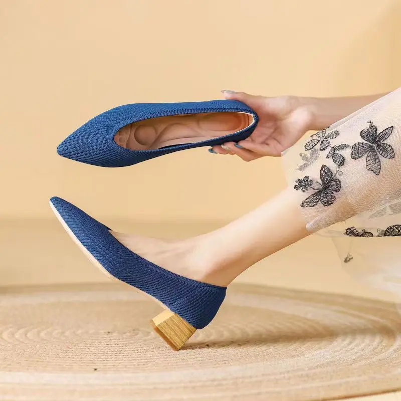 Женские туфли на высоком каблуке новинка 2023 модные вязаные удобные дышащие