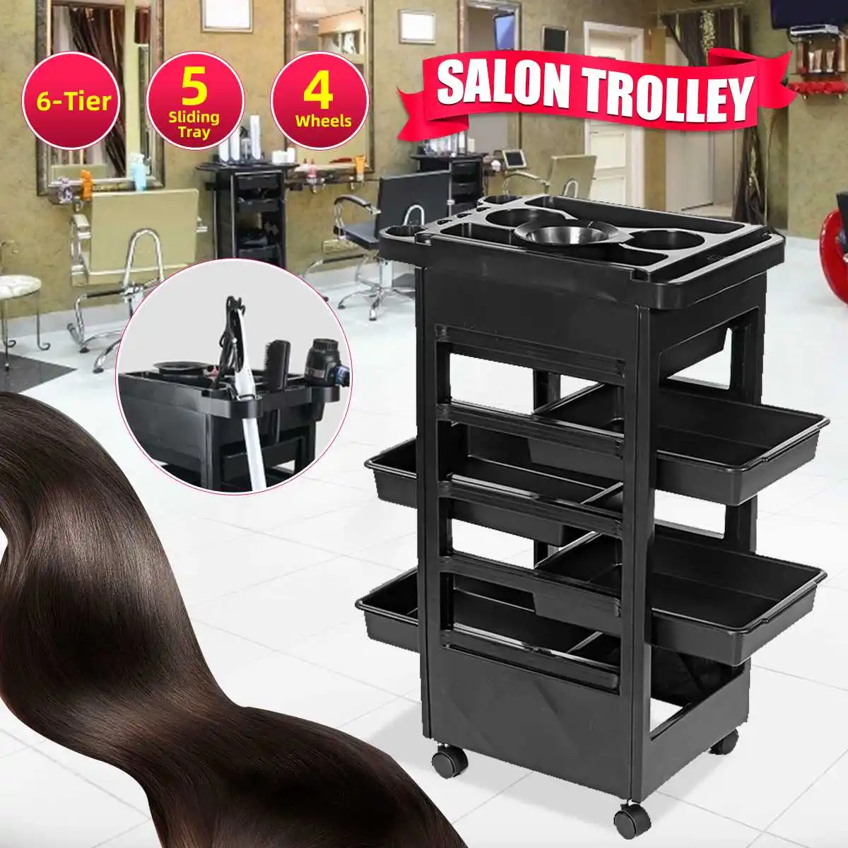 

6-Tier Salon Hairdresser Storage Trolley Hair Drawers Coloring Cart Spa Salon Styling Trolley Rollers Barber Beauty Tools