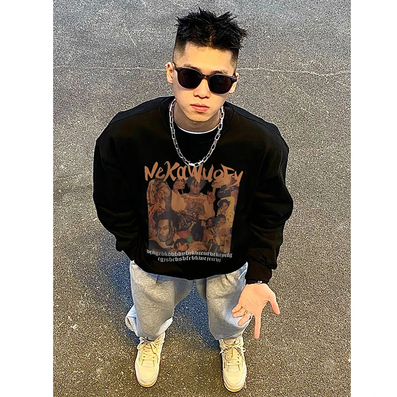 

Hip-hop Portrait Print Long-sleeved Tshirt Top Street Style Cotton Loose Bottoming Shirt Long Sleeves Pullover Top Spring Autumn