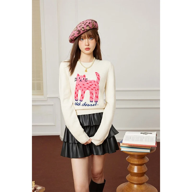 Y2K Cropped Sweater Women Harajuku Cartoon Cat Knitted Pullovers Winter Kawaii Print Long Sleeve Knitwear Korean Slim Jumpers