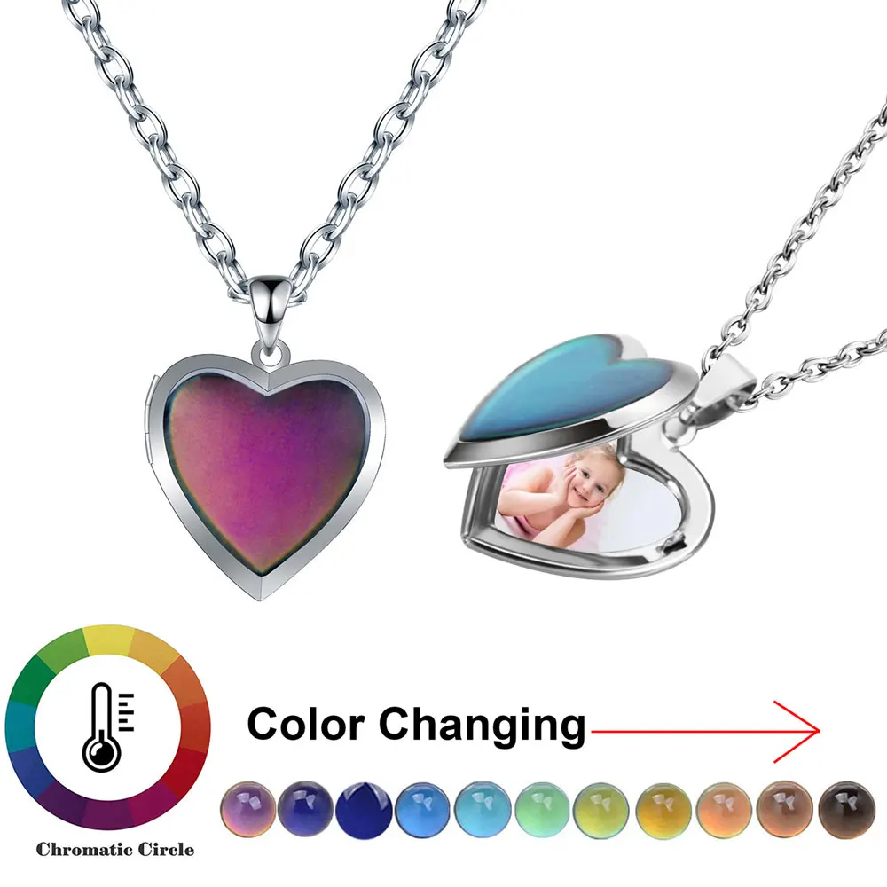 

Mood Necklaces Peach Heart Love Locket Pendant Temperature Sensing Color Changing Photo Box Necklace Birthday Valentines Gift