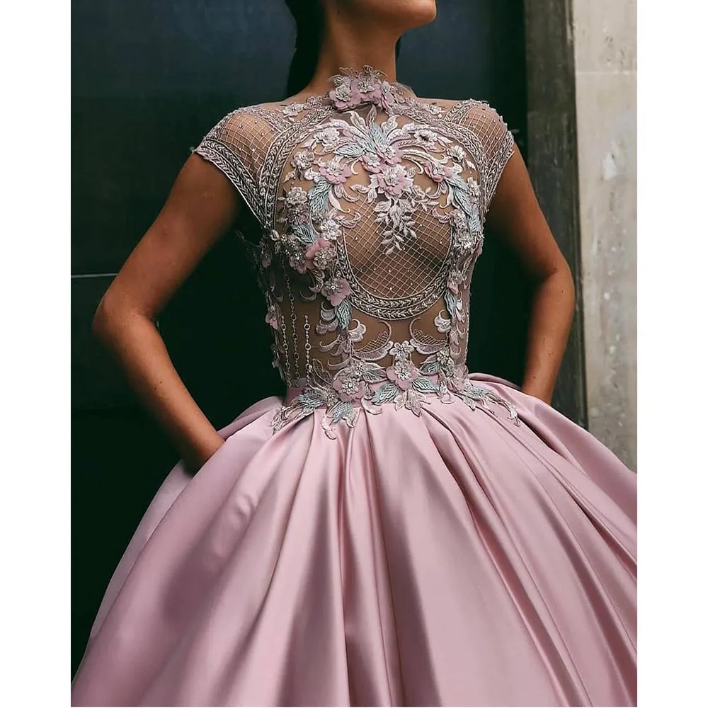 

Женское платье с цветочной аппликацией, розовое изысканное бальное платье до пола без рукавов с круглым вырезом и блестками для выпускного вечера
