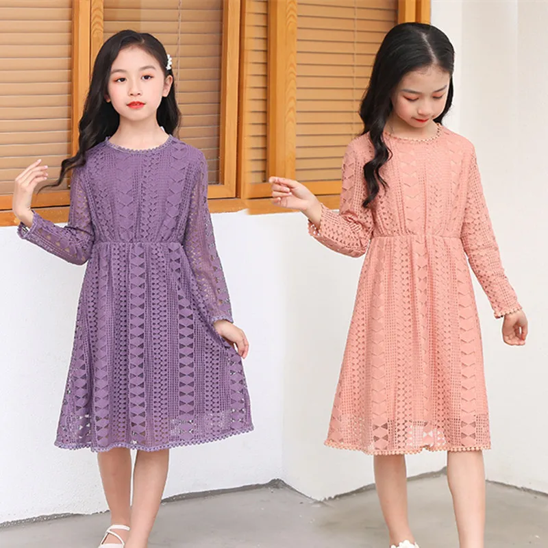 

Girls Princess Lace Dresses 2022 Spring/Summer Kids Pure Cotton Hollowed Out Long Sleeve Dress Fo Age 4-15 Years Clothes