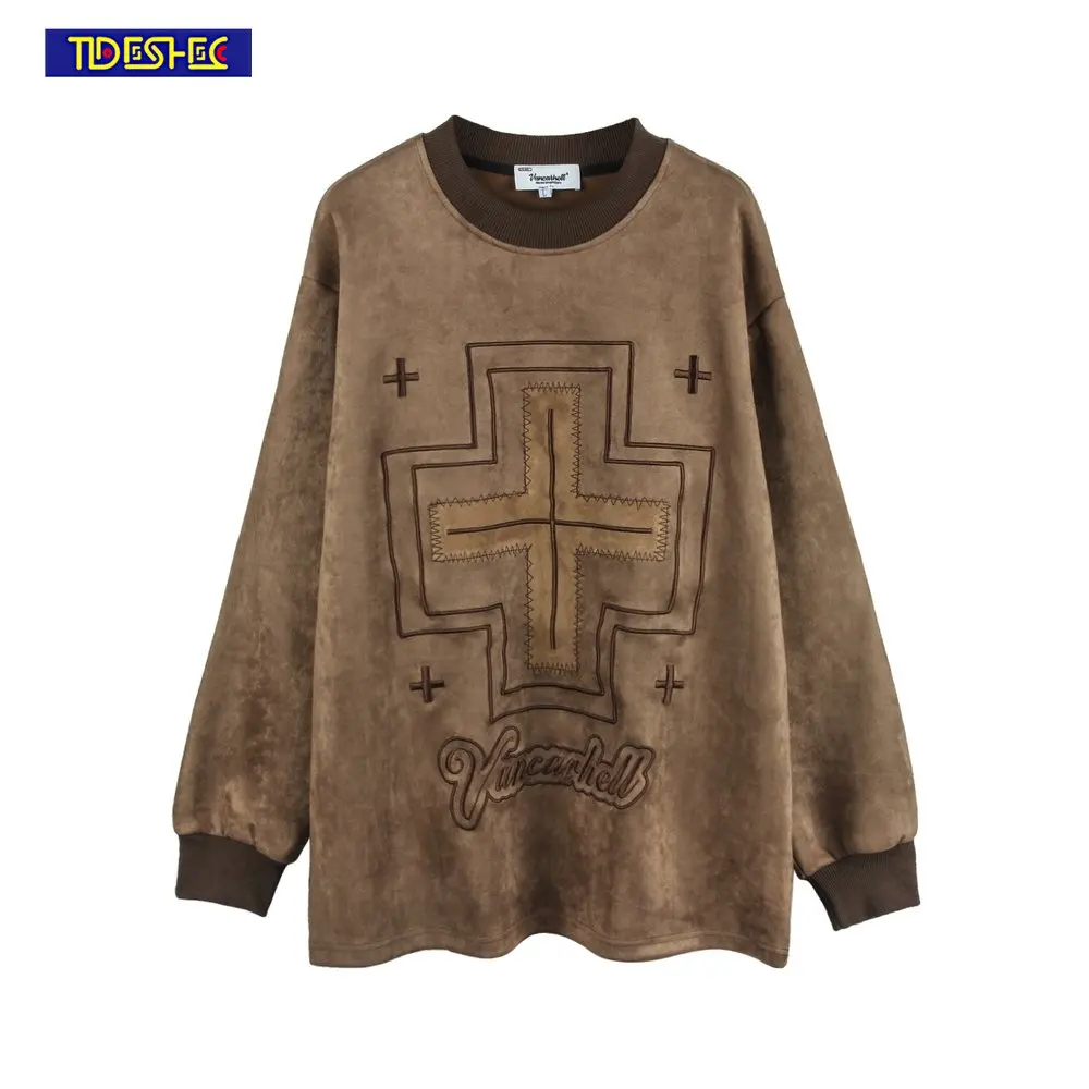 

Men Harajuku Tshirt Punk Embroidered Cross Suede T Shirt Long Sleeve Hip Hop Streetwear Oversize Letters Long Sleeves Tshirt
