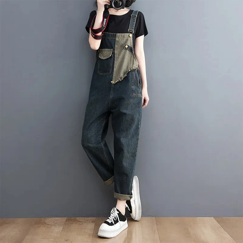 

Patchwork Denim Jumpsuit Women Clothes Rompers 2023 Vintage Streetwear Straps Baggy Pants Dungarees Casual Jeans Overalls Femme