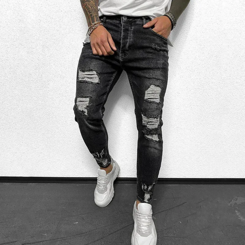 European And American Spring And Autumn New Korean Version Of The Trend Of Worn-out Men's Jeans Slim Casual Men's Pants Trend