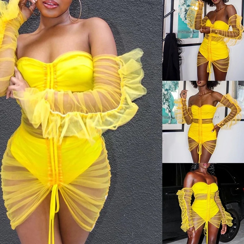 

ASDS-Mesh See Trough Ruffle Sleeve Mini Bodycon Dress Sexy Warp Strapless Night Club Party Dress