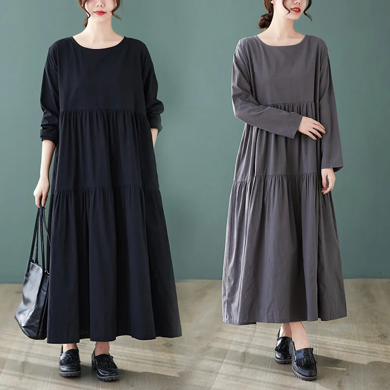 

2022 New pregnant women's loose big hem solid color long sleeve dress BLACK