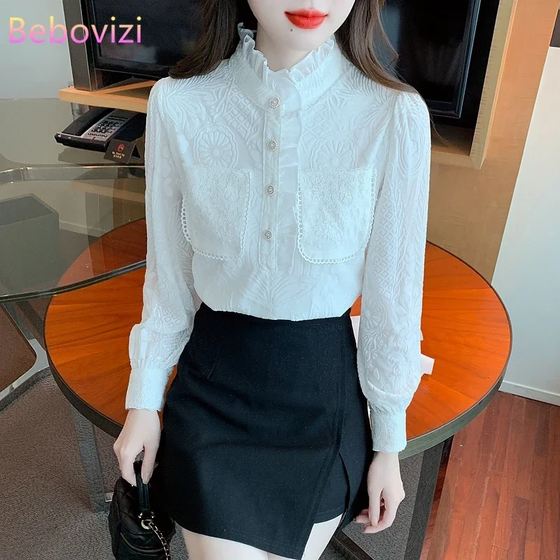 Высококачественная модная новая кружевная блузка с длинным рукавом Топ Женская