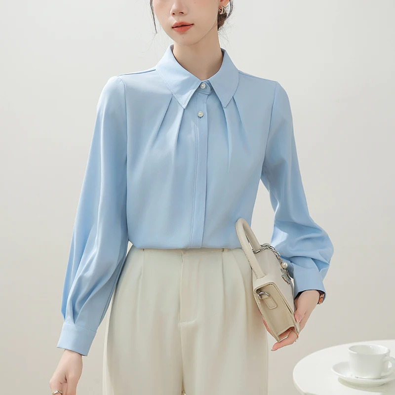 Офисная женская рубашка с длинным рукавом и отложным воротником белая блузка