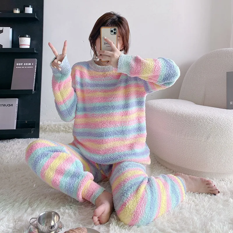 

Winter Pajamas Set Women Luxury Flannel Sleepwear High-End Feather Yarn Lady Nighty Suit Lady 2 Pieces Set Pyjamas Free Shipping