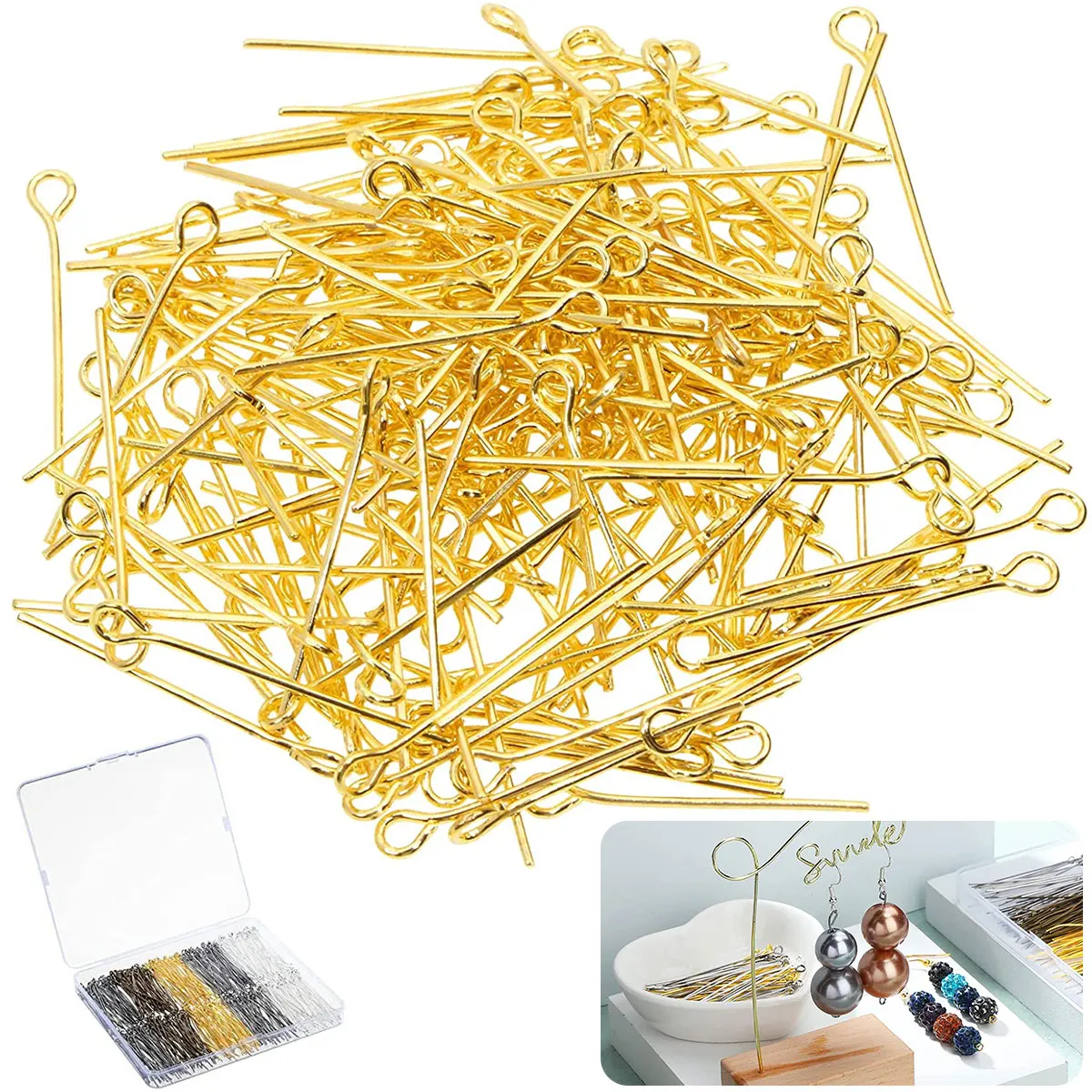 

500pcs Iron Open Eye Pins 2.0 Inch DIY Craft Making Eye Pins with Storage Box Not Easy To Deform or Fracture Head Pins Findings