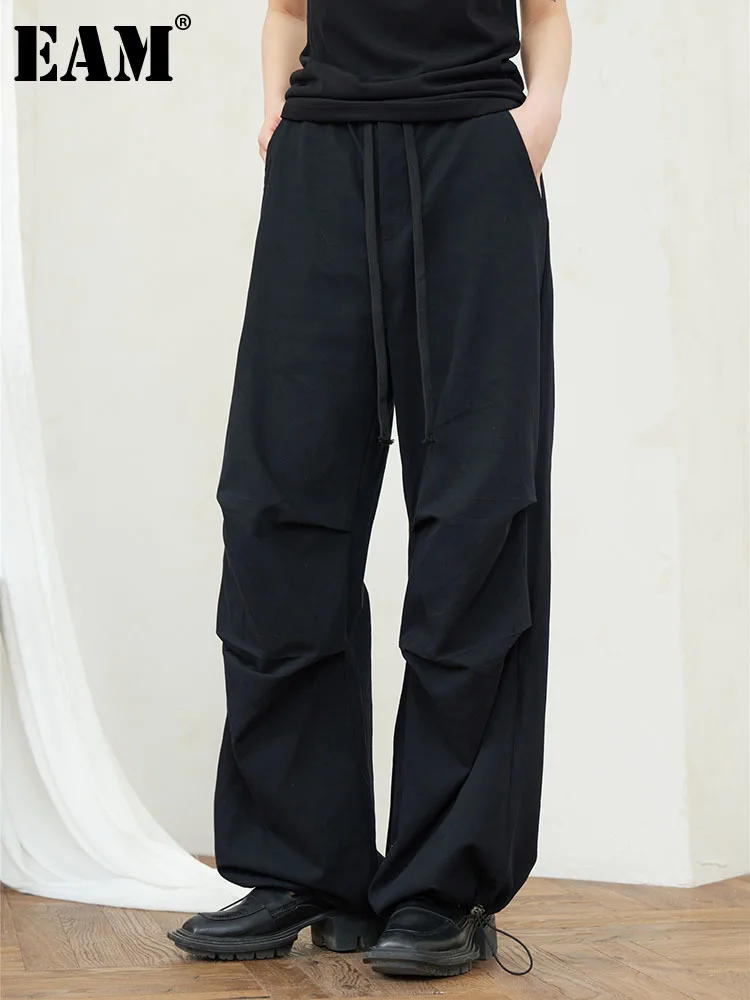 

[EAM] Women Black Pleated Drawstring Wide Leg Pants High Elastic Waist New Loose Trousers Fashion Spring Summer 2023 1DF9079