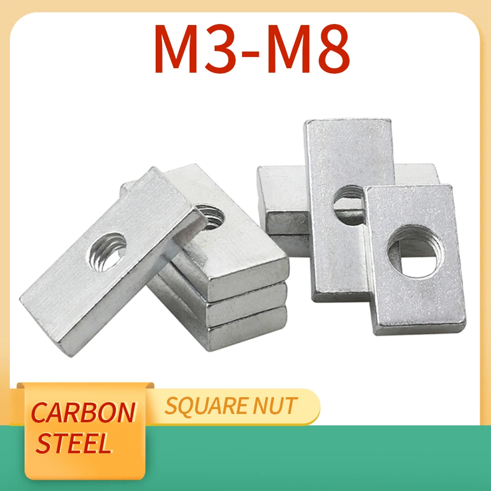 

10/50pcs M3 M4 M5 M6 M8 Square Nut Rectangular Nuts Thin Slider Block Nuts Zinc-Plated Carbon Steel Aluminum Profile Accessory