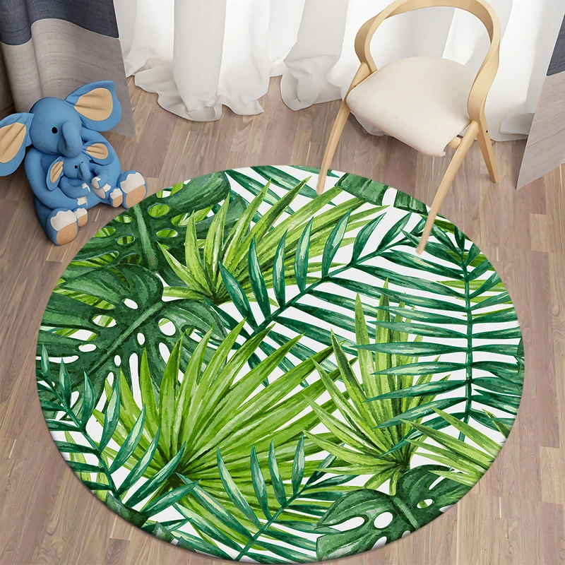 Green Tropical Kawaii Printed Round Carpet for Living Room Rugs Camping Picnic Mats Flannel Anti-Slip Rug Yoga Mat Stranger Gift