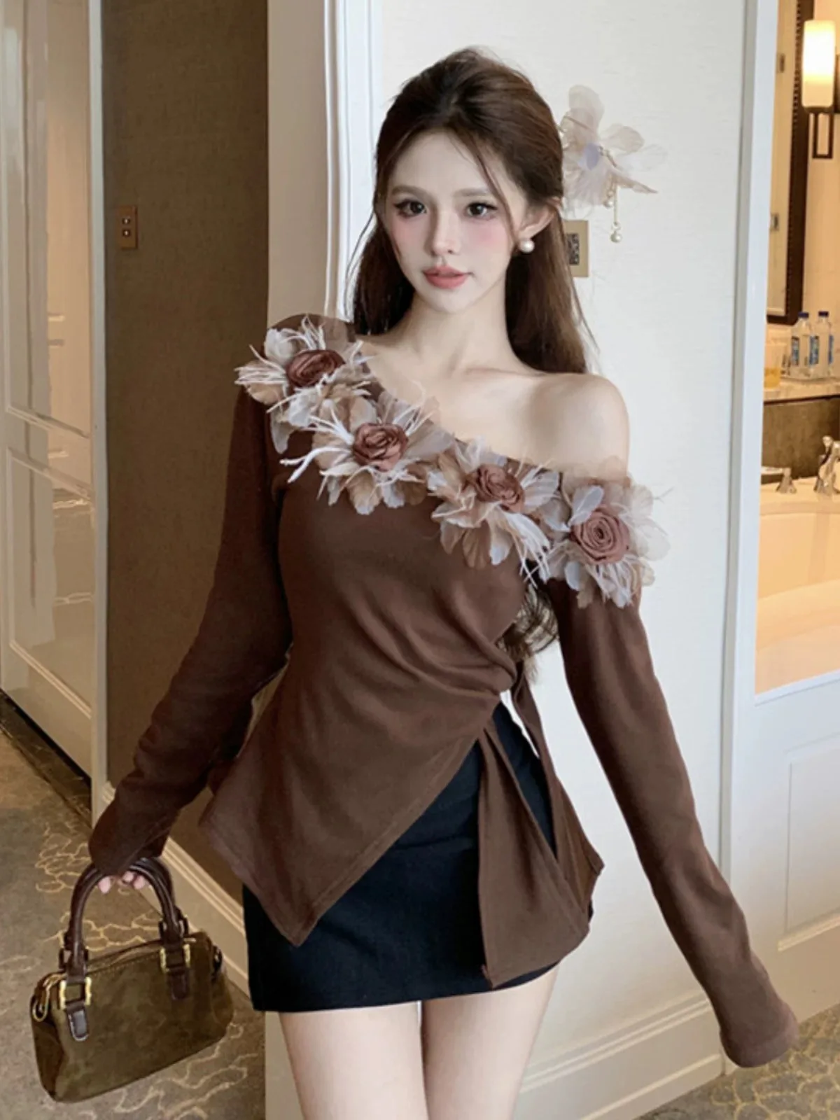 Топ с 3D цветком и косым вырезом блузка женские весенне-осенние рубашки милые топы