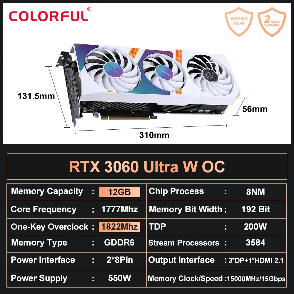 RTX3060 Игровая видеокарта Colorful iGame GeForce RTX серии 3060 12 Гб GDDR6 192 бит PCIE ПК игровые