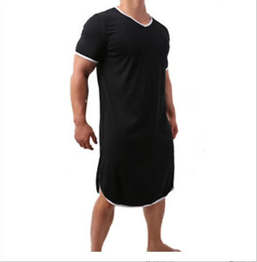 Muslim Men's Pajamas Casual Short Sleeve Solid V-Neck Robes Sleepwear Vintage Nightgowns  Men Homewear Pijamas Hombre Night Gown