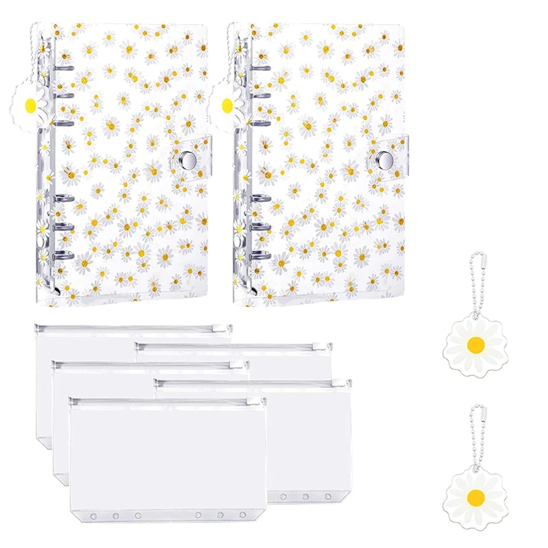 

2 Pieces Daisy A6 Binder Cover Refillable 6 Ring Notebook Binder With Acrylic Daisy Pendant 6 Holes A6 Zipper Pocket