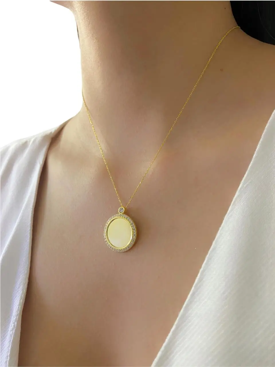 

Flat Stone Plate Mirror Gold Plated 925 Silver Necklace