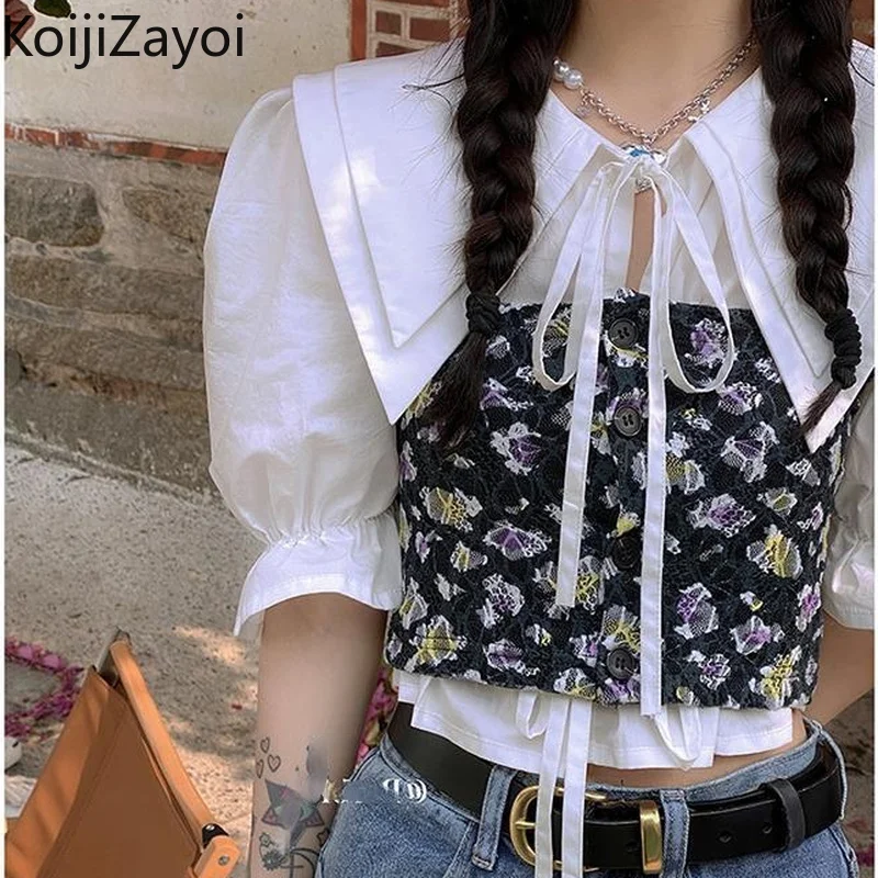 

Koijizayoi Fashion Women Korean Shirt Half Sleeves Patchwork Retro Blouse Spring Summer Chic Blusas 2022 Ropa Mujer Outwear Tops
