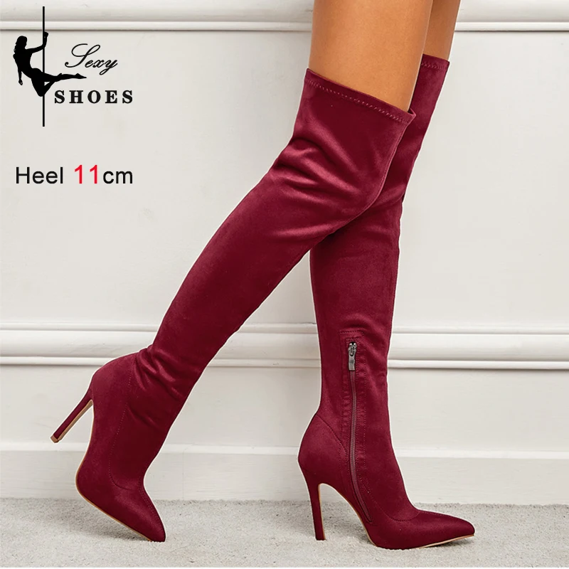 

2023 Women's over-the-knee Boots Fashion Pointed Toe Autumn Winter Flock Thigh High Stretch Long Booties Wine Red Stiletto Heels