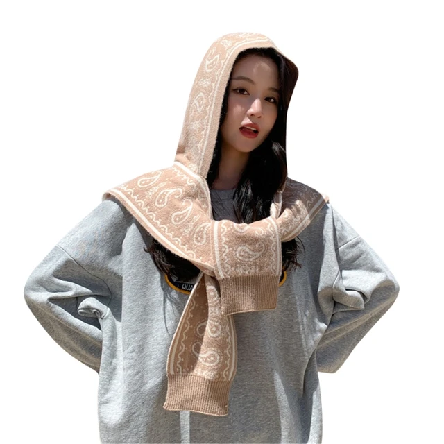 зимние вязаные шапки-капюшоны. капор кашемир. корейский шарф. шапки капюшон зимние. вязаный капюшон робин гуд.