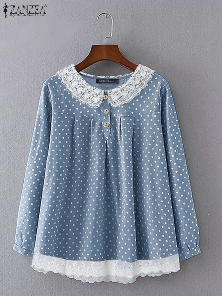 Женская блузка в горошек с длинным рукавом осенняя кружевная лоскутная рубашка